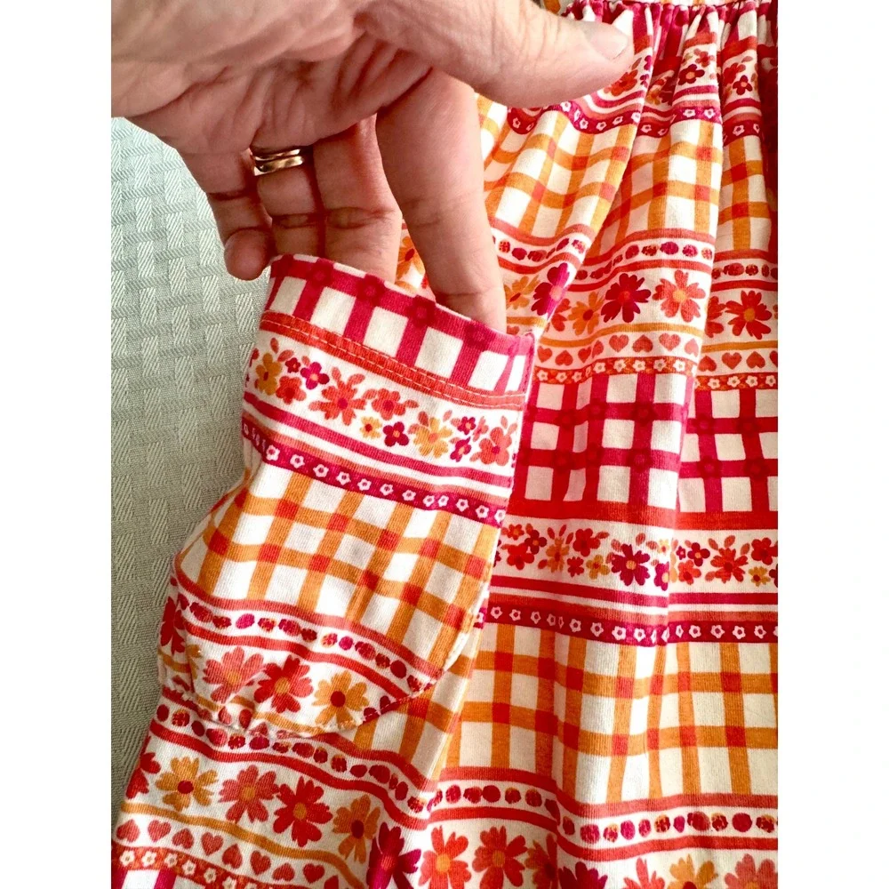 Flapdoodles Girls Orange Pink Gingham Floral Bow Back Pocket Dress Size 8
